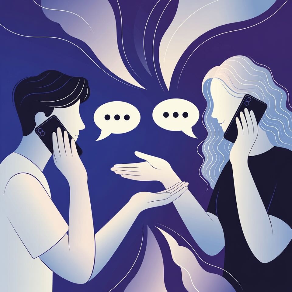 Two people listening to voice messages on their phones, anti-AI social app Bubblic.