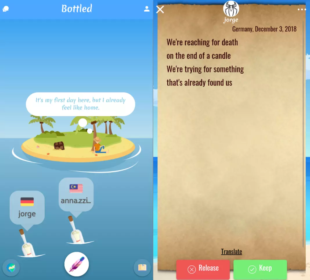 Bottled message in a bottle interface