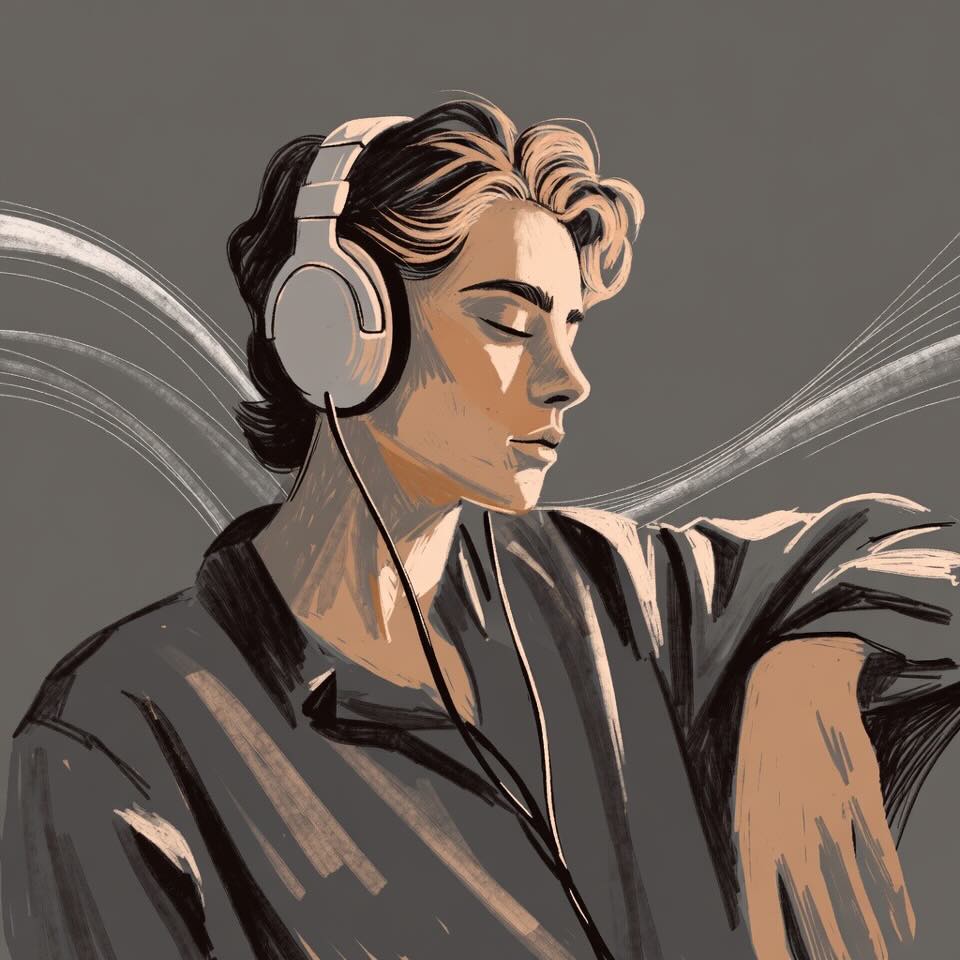 Person relaxing while having a voice conversation through headphones